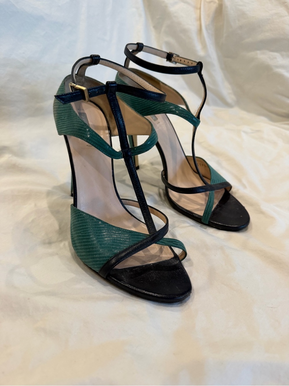 Giorgio Armani Green and Black Strappy T‑Bar Stilettos